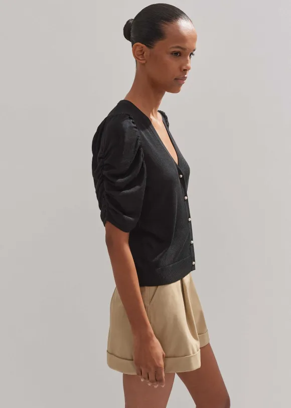 Silk Button-Through Pouf Sleeve Knit Top