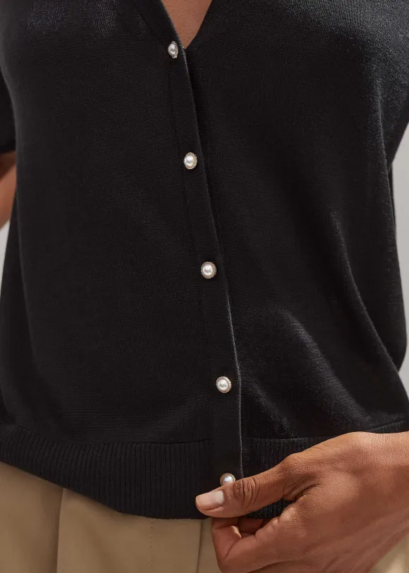 Silk Button-Through Pouf Sleeve Knit Top