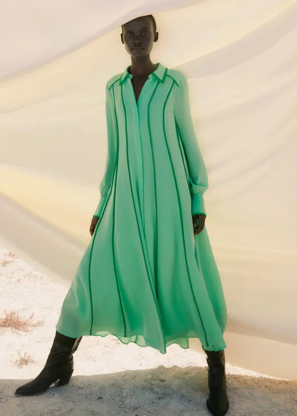 Silk Contrast Binding Maxi Shirt Dress + Belt