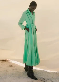 Silk Contrast Binding Maxi Shirt Dress + Belt