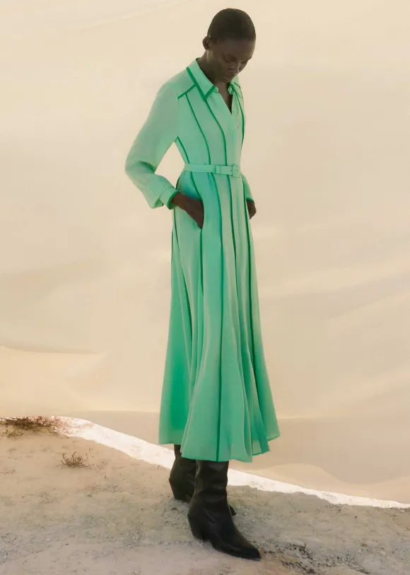 Silk Contrast Binding Maxi Shirt Dress + Belt