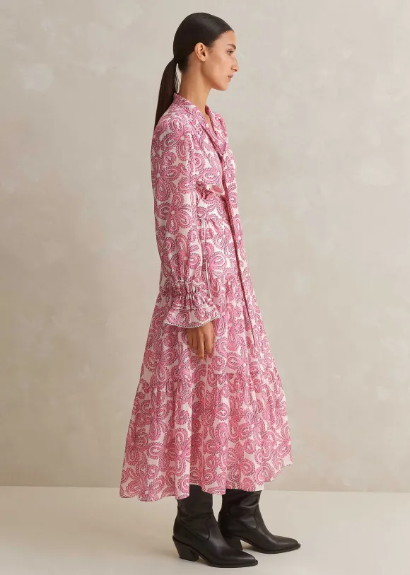 Silk Cotton Flower Print Midi Dress + Belt