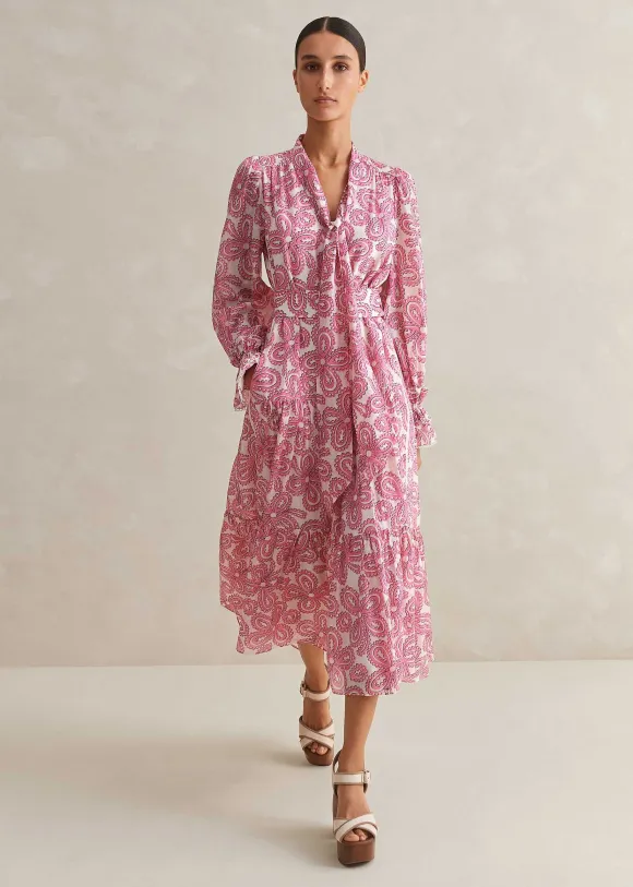 Silk Cotton Flower Print Midi Dress + Belt