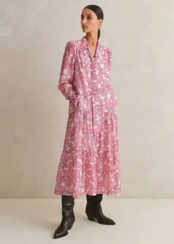 Silk Cotton Flower Print Midi Dress + Belt