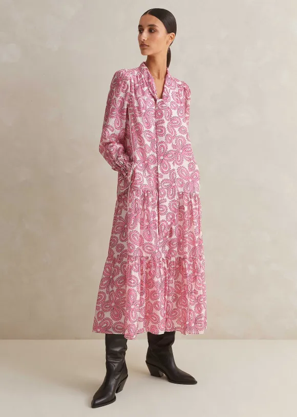 Silk Cotton Flower Print Midi Dress + Belt