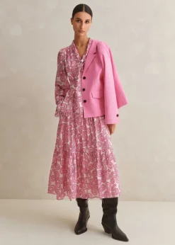 Silk Cotton Flower Print Midi Dress + Belt