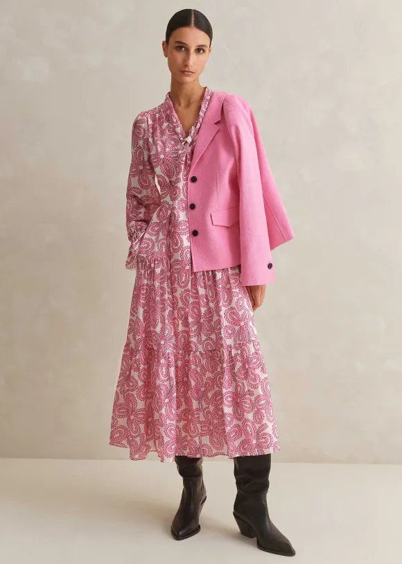 Silk Cotton Flower Print Midi Dress + Belt