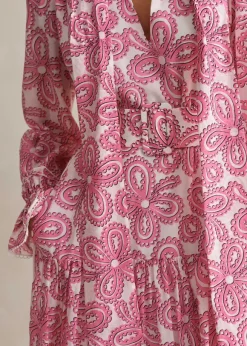 Silk Cotton Flower Print Midi Dress + Belt
