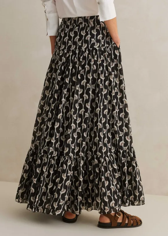 Silk Cotton Ginko Leaf Print Skirt + Belt