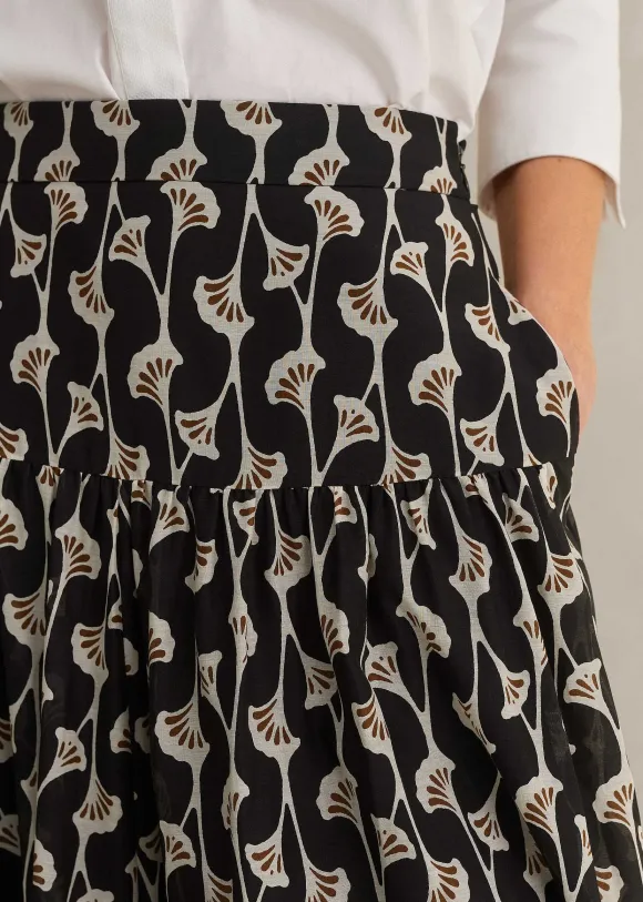 Silk Cotton Ginko Leaf Print Skirt + Belt