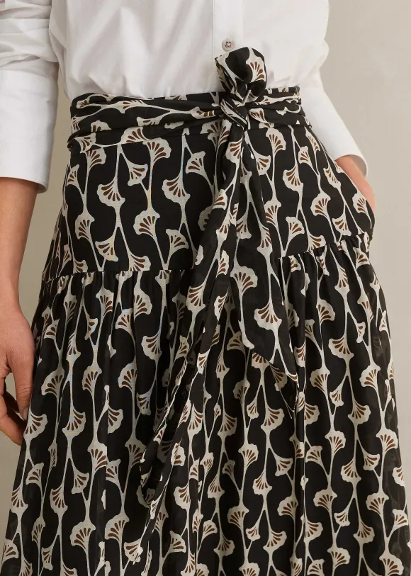 Silk Cotton Ginko Leaf Print Skirt + Belt