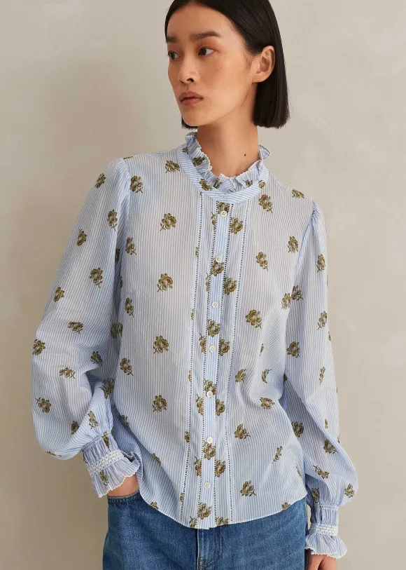 Silk Cotton Striped Rose Print Blouse