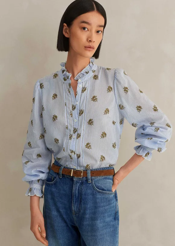 Silk Cotton Striped Rose Print Blouse