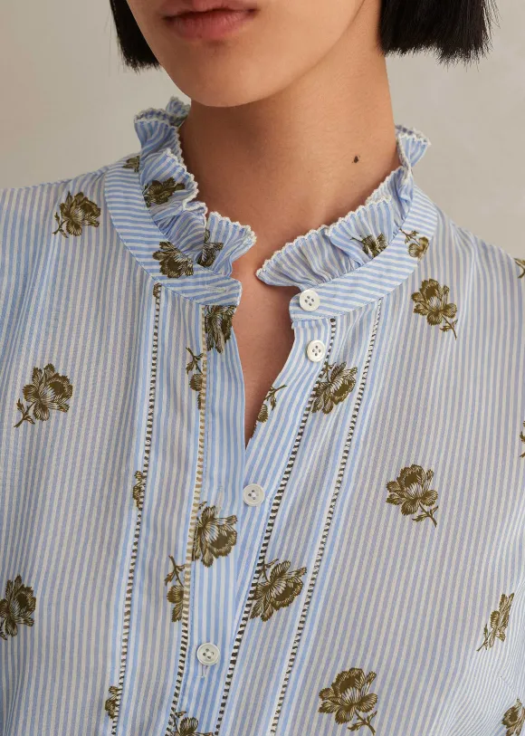 Silk Cotton Striped Rose Print Blouse