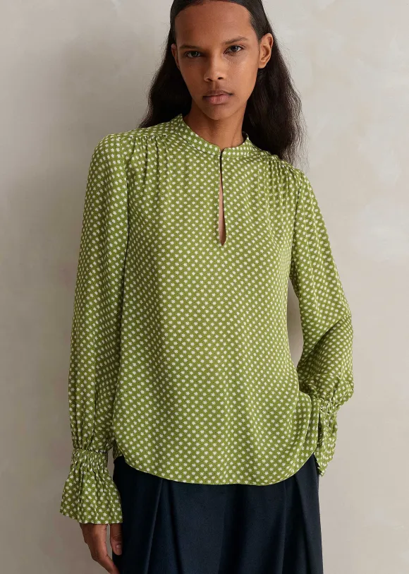 Silk Daisy Flower Print Top + Scarf