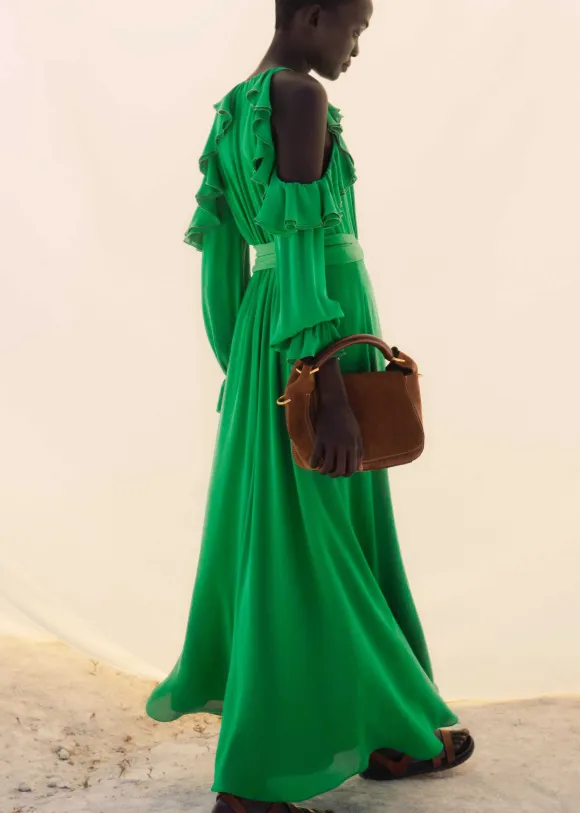 Silk Exposed Shoulder Maxi Dress + Belt