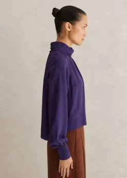 Silk High Neck Raglan Sleeve Top
