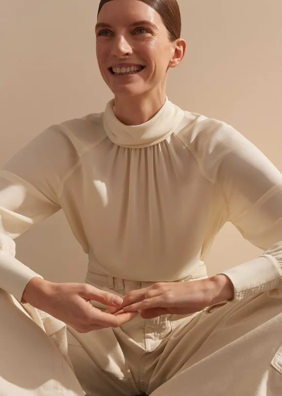 Silk High Neck Raglan Sleeve Top