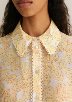 Silk-Linen Lace Print Balloon Sleeve Blouse